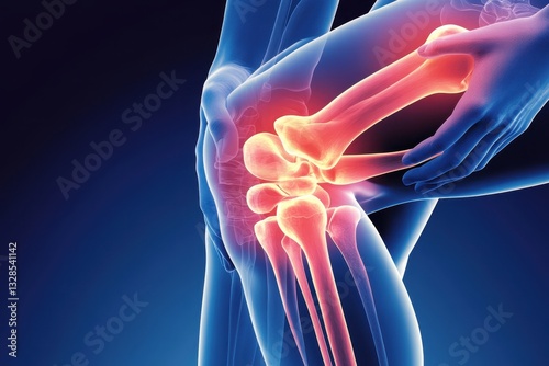 3D illustration of a knee joint highlighting inflammation and pain in vibrant colors against a dark background. photo
