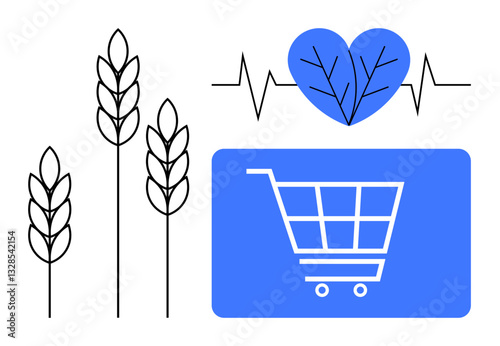 Wheat stalks, heartbeat with leaf heart, and shopping cart emphasize wellness, nutrition, and sustainable shopping. Ideal for healthy lifestyle, organic food, wellbeing, eco-friendly business online