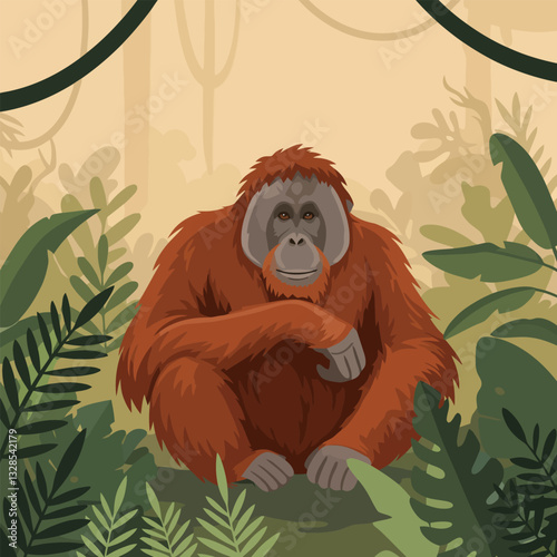 Sitting Orangutan Illustration in Tropical Forest Environment with Jungle Plants