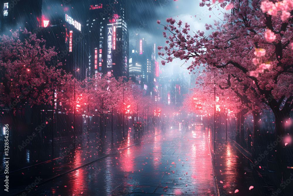 Fototapeta premium Serene urban landscape at night with cherry blossoms in full bloom, illuminated by neon lights
