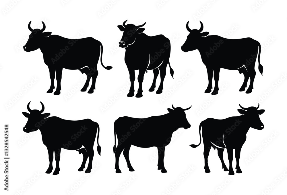 Simple Black and White Silhouettes of Cows set Simple Black and White Silhouettes of Cows set