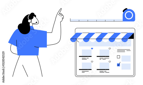 Customer support representative guides e-commerce website setup, with large tape measure for precise fitting. Ideal for customer service, e-commerce, support, online shopping, measurements, web