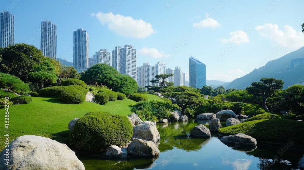 Obraz premium A Chinese garden blending with a high-tech urban skyline.