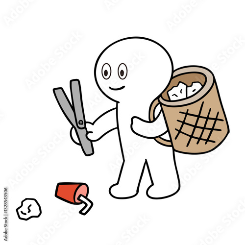 かごを持ってごみ拾いをしている棒人間