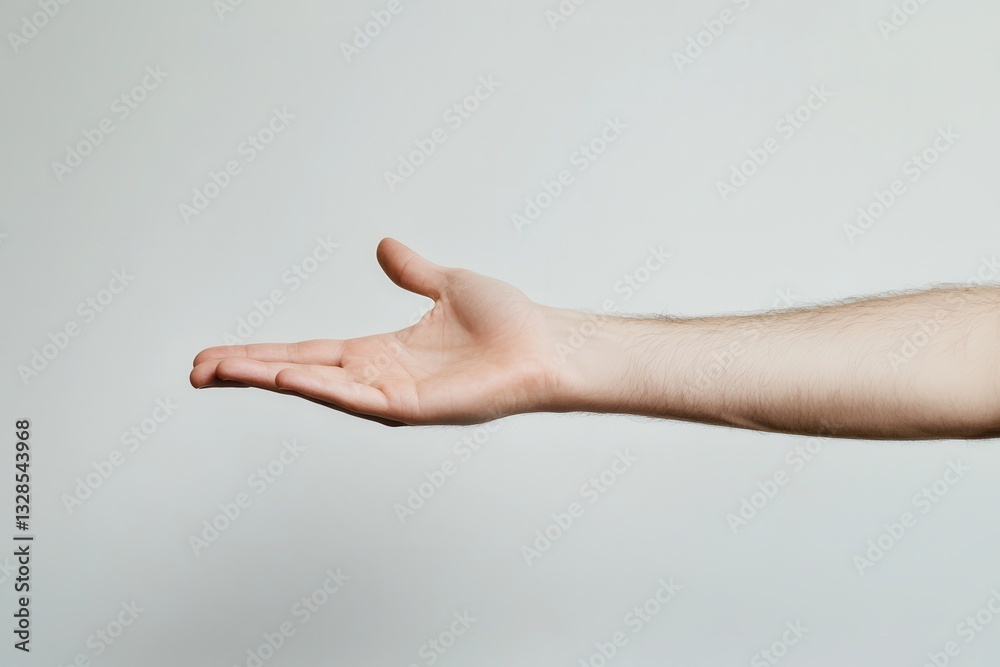 Outstretched male hand against a neutral background, fingers slightly curved upward. Outstretched male hand against a neutral background, fingers slightly curved upward.