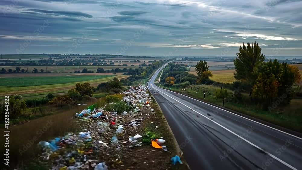 Müllberge entlang einer Straße als Symbol für Umweltverschmutzung