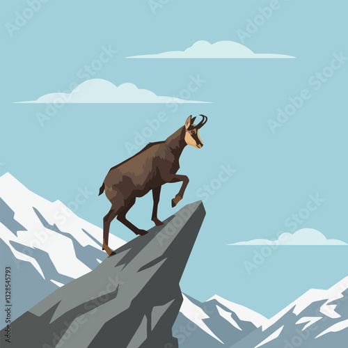 Mountain Goat Climbing on Rocky Peak with Snowy Mountain Background