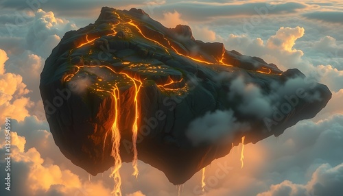 The Floating Volcanic Island of Ignis: A Serene Sunset Vista