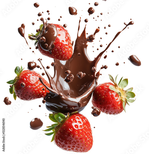 Delicious strawberries splash in rich melted chocolate, creating delightful scene of indulgence and joy. Isolated On Transparent Background