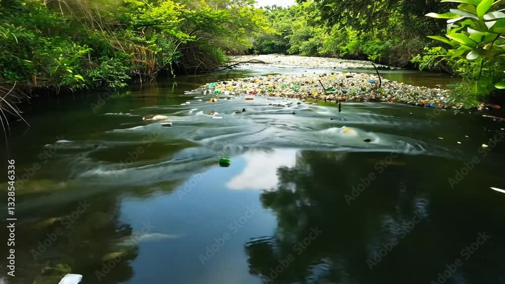 Fluss voller Plastikflaschen und Müll als Zeichen der Umweltzerstörung Fluss voller Plastikflaschen und Müll als Zeichen der Umweltzerstörung