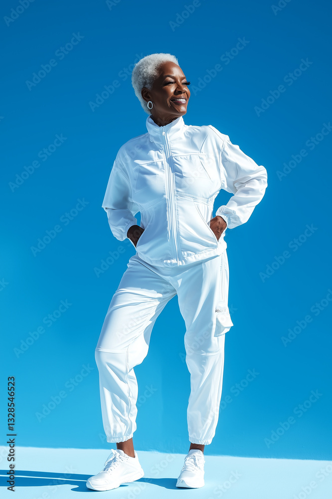 An elderly woman with gray hair is wearing a white tracksuit and sneakers on blue background. An inspiring example of how you can look and feel great in old age. A poster or banner with copy space. An elderly woman with gray hair is wearing a white tracksuit and sneakers on blue background. An inspiring example of how you can look and feel great in old age. A poster or banner with copy space.
