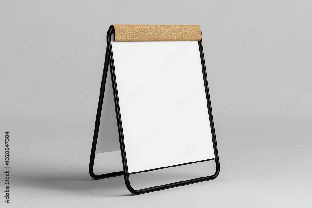 A sleek and modern A-frame sign mockup with a simple and minimalist design. The stand is made of elegant black metal with two thin wooden tan cloth accents at the top of the poster A sleek and modern A-frame sign mockup with a simple and minimalist design. The stand is made of elegant black metal with two thin wooden tan cloth accents at the top of the poster