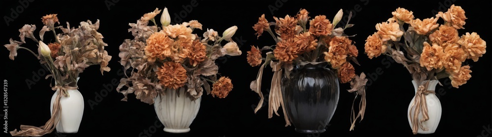 Row of Four Vases with Various Flowers, White Base, Black Striped Pattern Floral Arrangement Row of Four Vases with Various Flowers, White Base, Black Striped Pattern Floral Arrangement