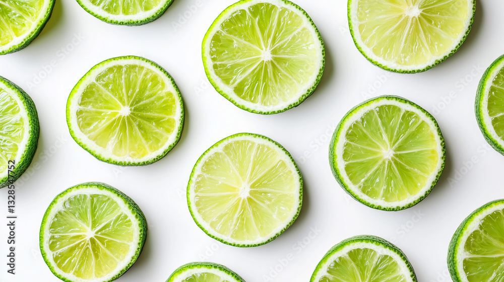 Fresh Bergamot Lime Slices on White Background - Citrus Fruit Pattern Fresh Bergamot Lime Slices on White Background - Citrus Fruit Pattern