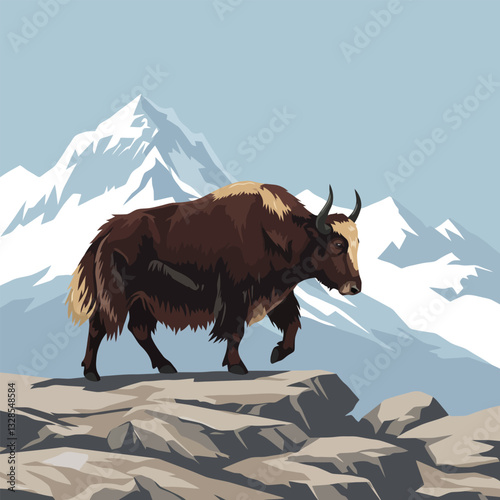 Yak Walking on Rocky Terrain with Snow Mountain Backdrop Art