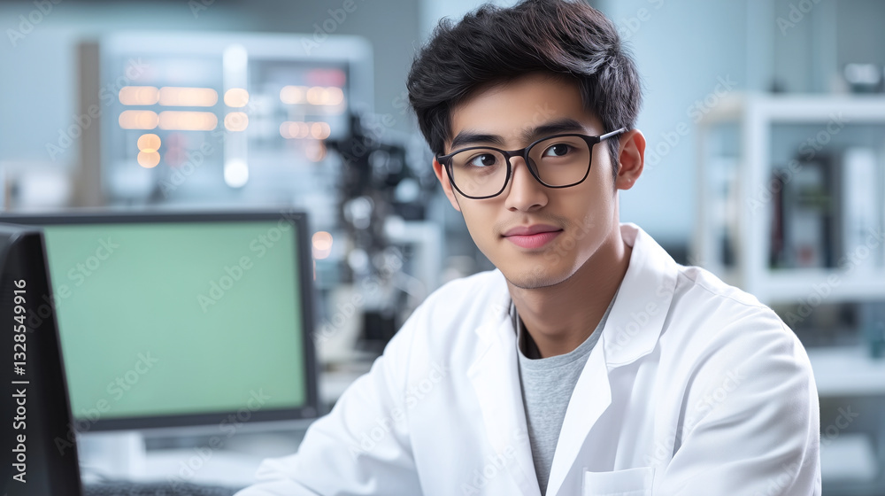 Young Japanese Engineer Focused on Green Screen Computer in High-Tech Office Young Japanese Engineer Focused on Green Screen Computer in High-Tech Office
