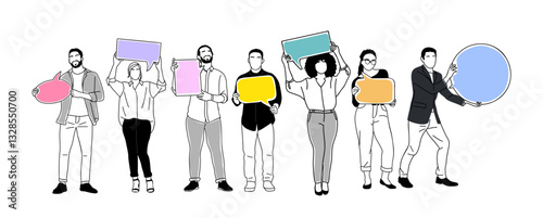 Different People holding speech bubble signs. Men and women with colorful speech bubbles. Advertising, communication concept. Hand drawn outline vector illustrations isolated