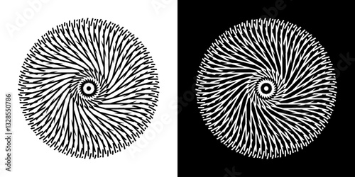 Abstract background with line pattern forming circle. Spiral art design as logo or icon. Black lines on white background and same white lines on black side. Mandala with line pattern.	
