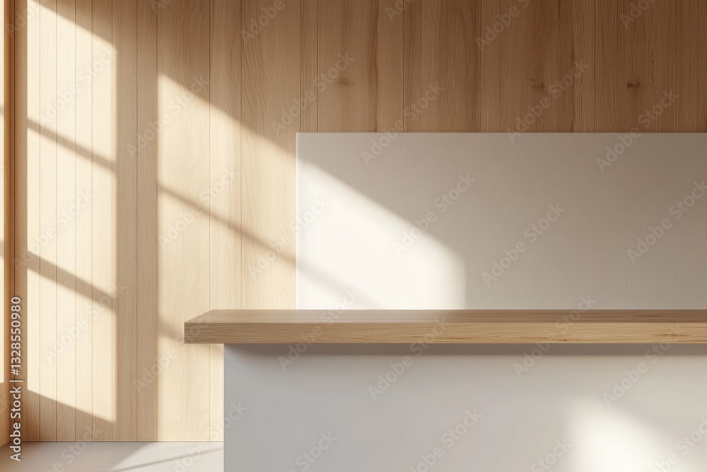 Fototapeta premium Minimalist wooden counter with white backdrop, sunlit.