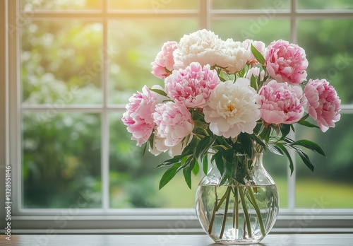 Wallpaper Mural Beautiful vase filled with pink and white peony flowers on a wooden table by a sunny window showcasing a soft and serene garden background Torontodigital.ca
