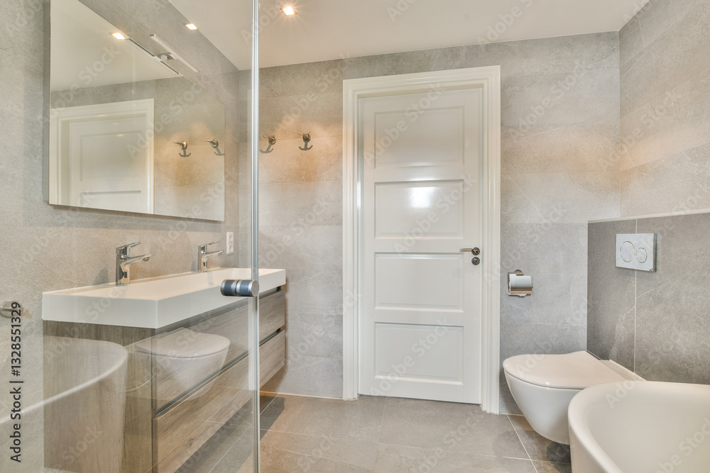 A sleek and contemporary bathroom design featuring a glass shower, stylish sink, and modern fixtures, designed for functionality and aesthetics. A sleek and contemporary bathroom design featuring a glass shower, stylish sink, and modern fixtures, designed for functionality and aesthetics.