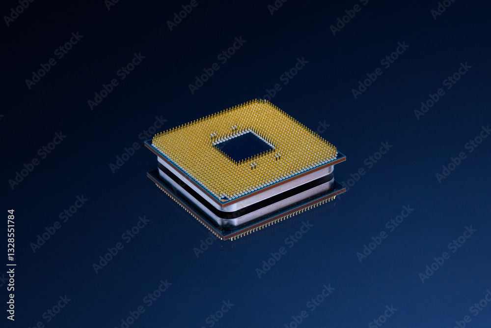 Pin side of CPU Central Processing Unit or microchip computer isolated on dark blue background.