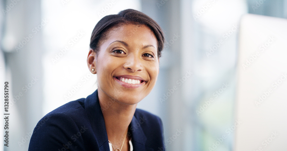 Smile, computer and portrait of business woman for receptionist, company report and research. Planning, feedback and email with African person in agency for website, administration and review Smile, computer and portrait of business woman for receptionist, company report and research. Planning, feedback and email with African person in agency for website, administration and review