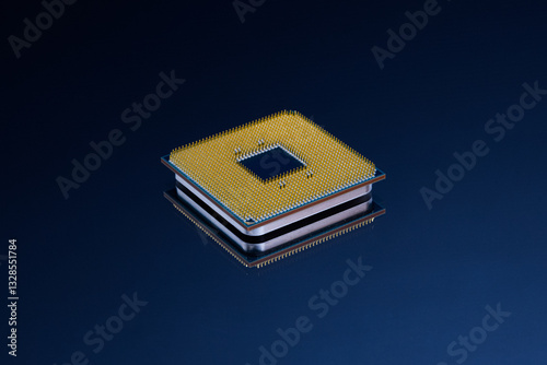 Obraz na płótnie Pin side of CPU Central Processing Unit or microchip computer isolated on dark blue background. w salonie