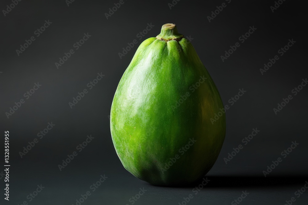 A single green papaya fruit with smooth surface against a dark background A single green papaya fruit with smooth surface against a dark background