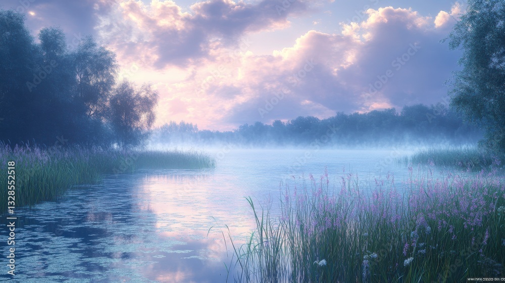 Fototapeta premium A serene landscape featuring a misty river surrounded by lush greenery and soft clouds illuminated by dawn light.