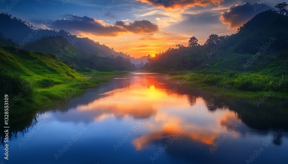 Sunset reflecting off a calm glassy river surrounded by lush green hills Sunset reflecting off a calm glassy river surrounded by lush green hills