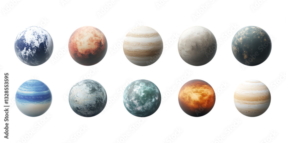Pack Exoplanet Set in Different Poses Against Transparent Background for Space Exploration, Sci-Fi Concepts, or Astronomical Research