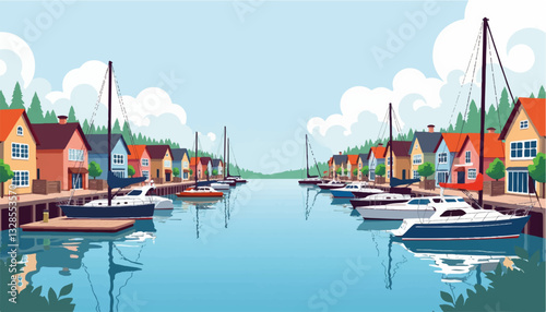 Marina with colorful houses and boats under a blue sky