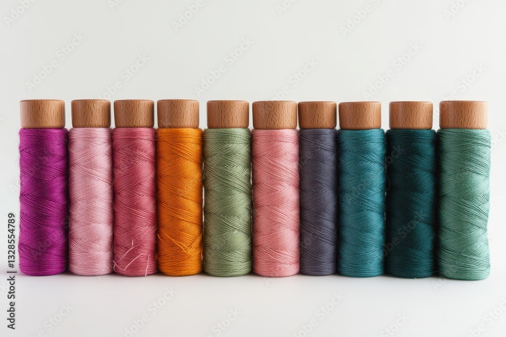 Colorful spools of thread neatly arranged in a row against a neutral background. Colorful spools of thread neatly arranged in a row against a neutral background.