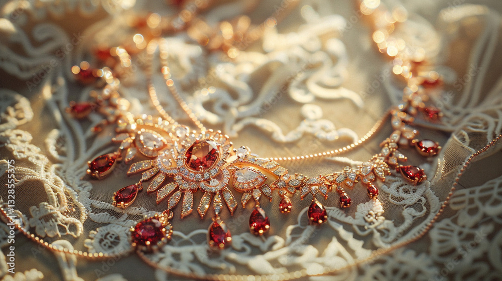 Obraz premium A striking necklace composed of fiery red diamonds set in rose gold, draped across an antique lace tablecloth.