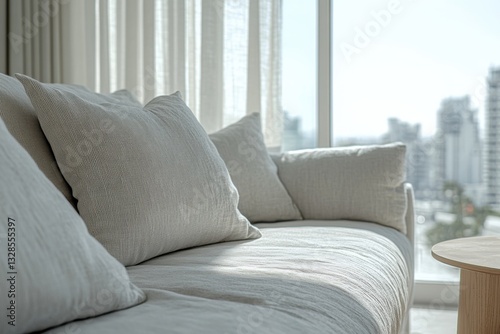 A modern living room featuring a light-colored sofa with textured pillows, bathed in natural light from large windows overlooking the city.