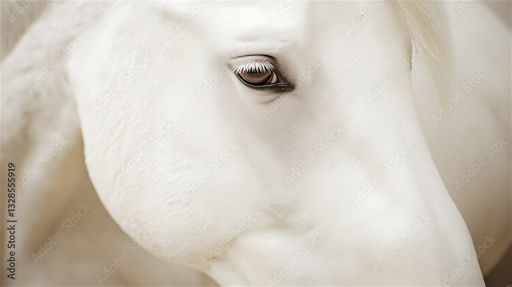Close-up of white horse eye in monochrome. Detailed macro portrait showing the gentle eye and soft facial features of light-colored horse creating connection and emotional mood. Close-up of white horse eye in monochrome. Detailed macro portrait showing the gentle eye and soft facial features of light-colored horse creating connection and emotional mood.
