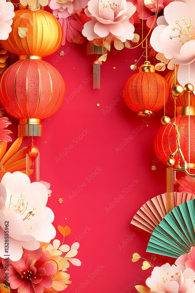 Obraz premium Celebratory Lanterns and Blooms: Vibrant red background adorned with an array of paper lanterns and delicate floral blooms, capturing the festive spirit of a cultural celebration.