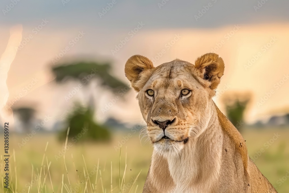 Majestic lioness in African savanna at sunrise Majestic lioness in African savanna at sunrise