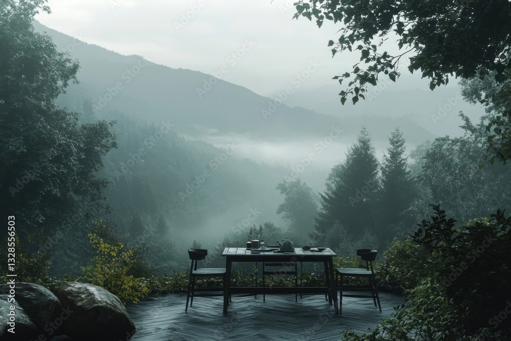 Obraz premium Misty mountain view from a secluded table setting.