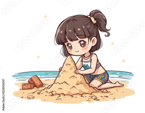 Cute Girl Cartoon Building Sandcastle at the Beach Illustration