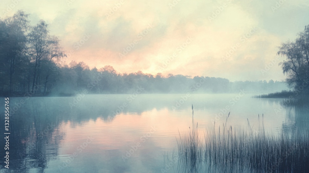 Fototapeta premium A serene, misty lake scene at dawn, surrounded by trees, with soft pastel colors reflecting on the water's surface.