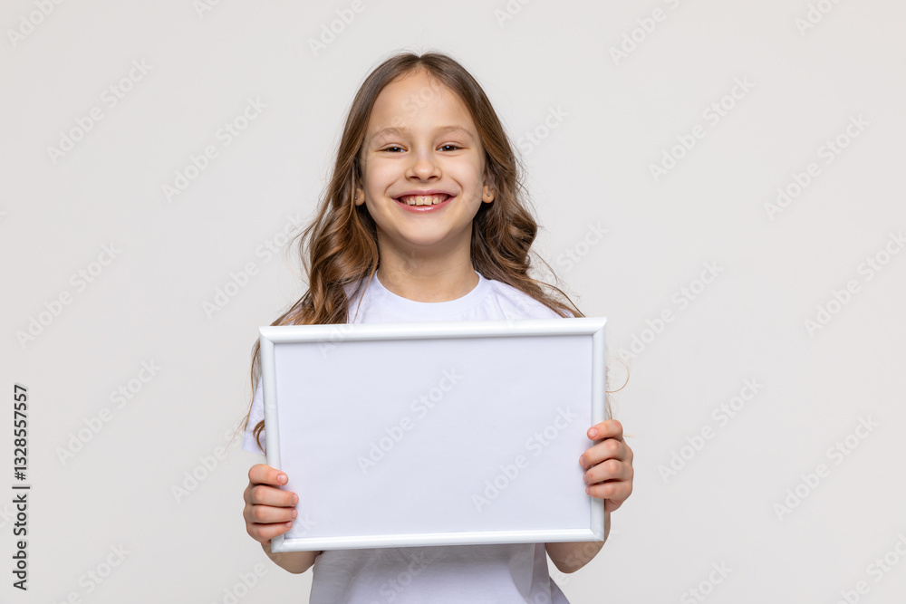 White empty banner. Little school girl holds white blank paper. Young smiling woman show blank board. Close up female model portrait on white background. Mock up. Copy space.
