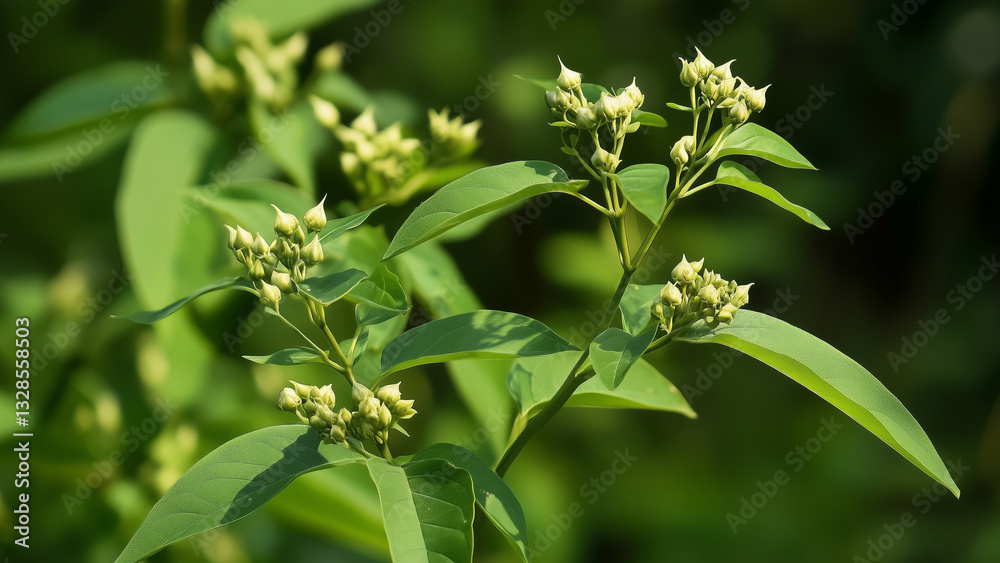 Closeup of flowering plant with clusters of small white buds and green leaves Closeup of flowering plant with clusters of small white buds and green leaves