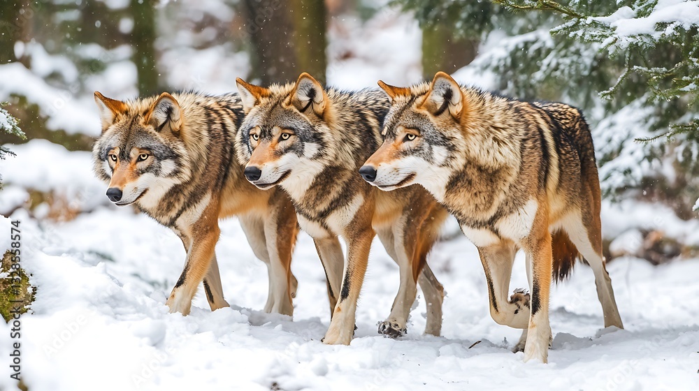 Naklejka premium Majestic Trio: Wolves in Winter Wonderland