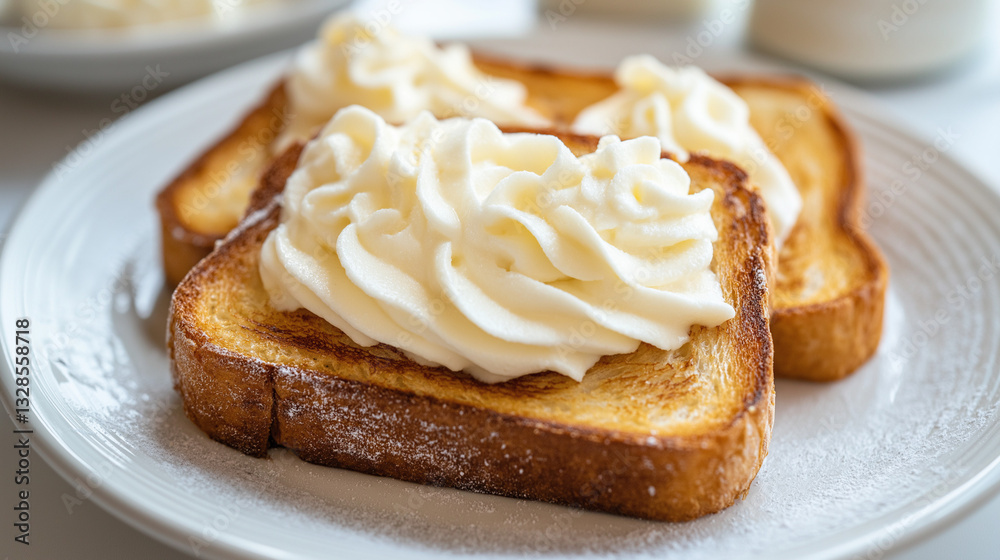 homemade toast, well toasted toast bread with white cream on top, toast on a white plate homemade toast, well toasted toast bread with white cream on top, toast on a white plate
