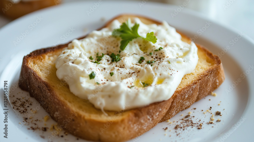 homemade toast, well toasted toast bread with white cream on top, toast on a white plate homemade toast, well toasted toast bread with white cream on top, toast on a white plate
