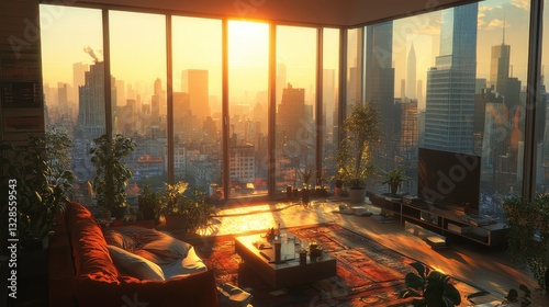 A stunning sunset view from a modern apartment, featuring large windows, stylish decor, and city skyline in the background.
