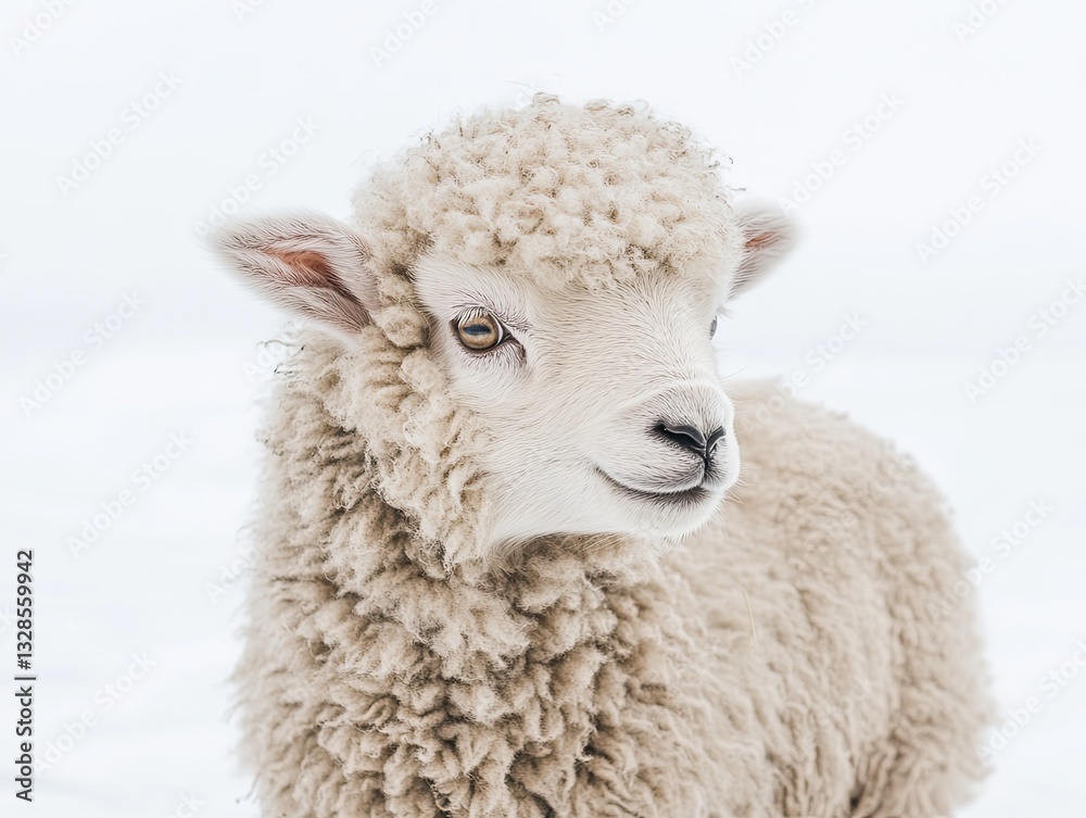 Charming portrait of a young sheep against a winter white backdrop Charming portrait of a young sheep against a winter white backdrop