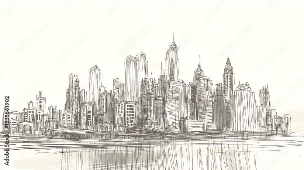 Fototapeta premium Hand-drawn sketch of city skyline with skyscrapers reflected in water. Urban architectural illustration with line art style creating minimal monochrome design with space for business branding.